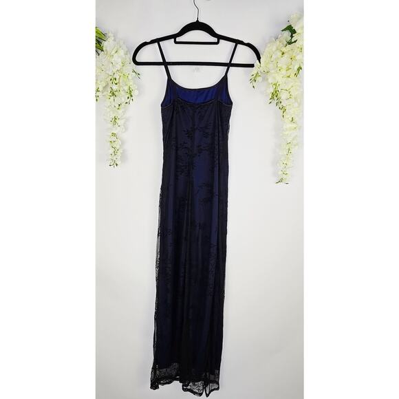 Y2K Navy Blue Black Velvet Burnout Mesh Floral Maxi Slip Dress Medium Whimsigoth - Picture 4 of 16